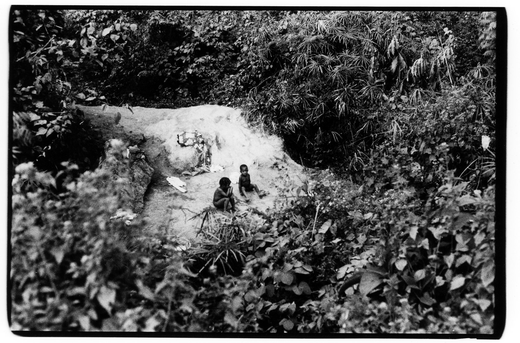 A black and white print of two small children on a bare patch of ground in dense foliage